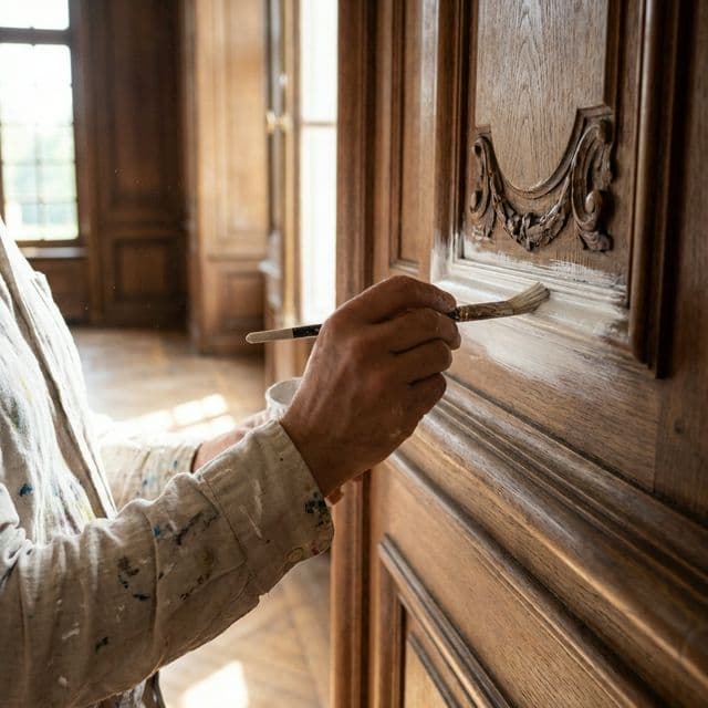 Paez Brothers painter focusing on detailed woodwork